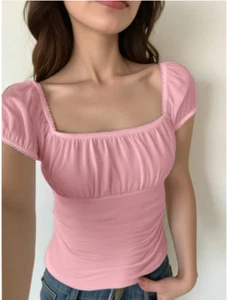 Floral Lace Mesh Puff-Sleeve Tee - Square Neck Slim Top for Teens Casual Style - Picture 1 of 5