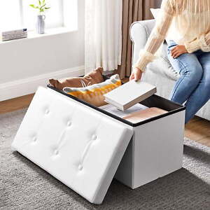 Storage Ottoman Bench Leather Footstool Hold up to 660lb for Bedroom White