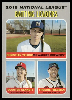 2019 Topps Heritage #61 Christian Yelich / Freddie Freeman / Scooter Gennett - Image 1 of 2