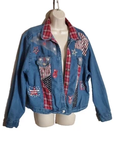 American Gr. XL individuell bestickte Patchwork Damen Jeansjacke Ten Trums - Bild 1 von 9