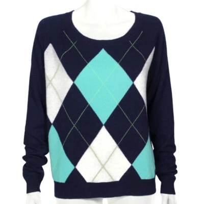 APT 9 100% Cashmere Navy Blue Turquoise White Argyle Sweater Womens sz Large 319 - Image 1 of 4