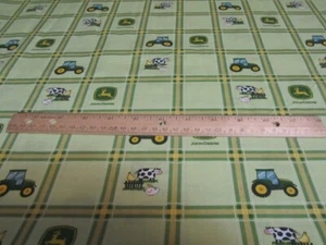 Green Plaid John Deere Farm Animal Cotton Fabric by the Yard - Picture 1 of 1