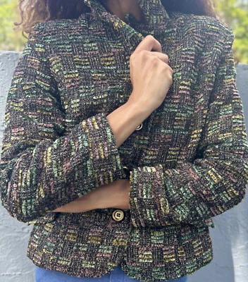 Chaqueta de tweed de colección para mujer talla mediana verde negra manga larga blazer bolsillos sintéticos Foto 1 de 4