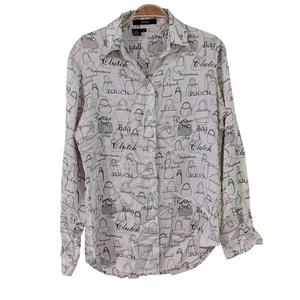 Ishyu Seide Button-Down Shirt Damengröße 6 creme schwarz Taschendruck Langarm neu mit Etikett - Bild 1 von 7