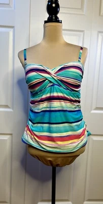 2 maiôs BAMBOO azul turquesa listrado rosa regata GG - Imagem 1 de 4