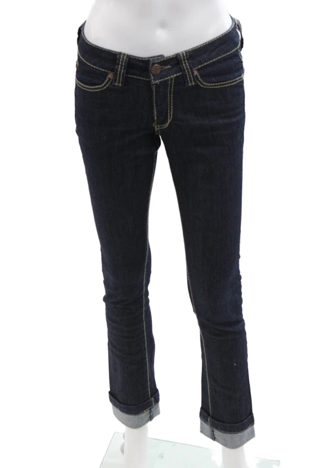 Женские узкие джинсы из хлопка Serfontaine темная стирка с манжетами синие размер 25 - Изображение 1 из 4