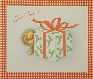 Vintage Weihnachtskarte - Welpe blickt hinter Stechpalme Geschenkbox - rot Gingham 5x4 - Bild 1 von 3