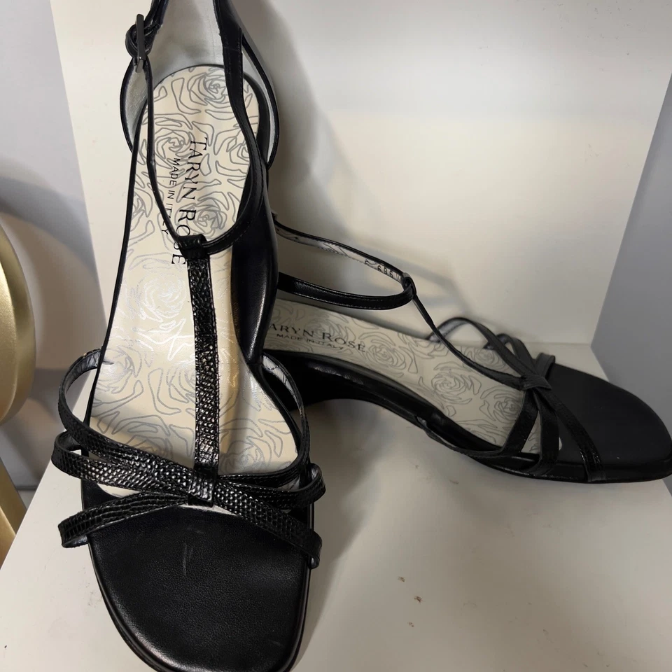 Taryn Rose Black Leather T-Strap Sandals Heels Dressy Occasion Size 8.5 - Image 1 of 4