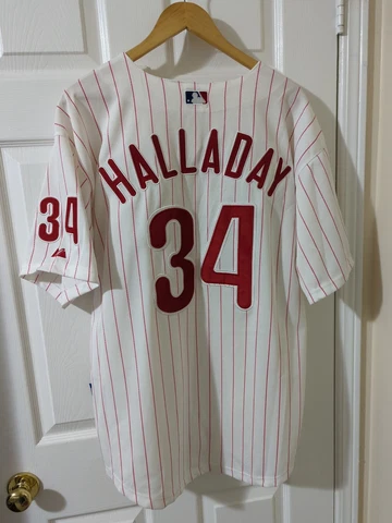 Majestic Coolbase Phillies Roy Halladay Red White Pinstripe Jersey Men 52 XL S52 Cover