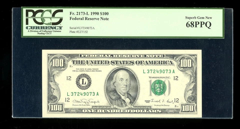 DBR 1990 $100 San Francisco Fr. 2173-L Superb Gem PCGS 68 PPQ Serial L37249073A - Image 1 of 2