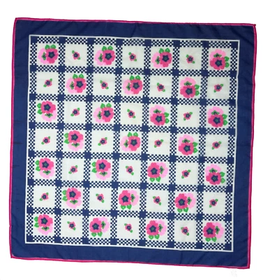 Vtg Blue and White Checkered Sheer with Pink Floral Square Scarf Made in Japan - Image 1 of 4