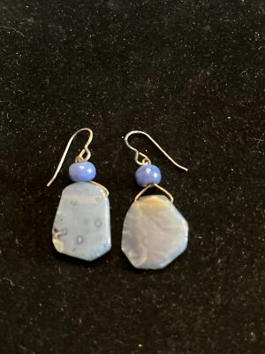Artisan Crafted Blue & Black Agate Polished Drop Pierced Earrings 925 Hooks - Image 1 of 4