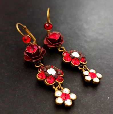 Michal Negrin Earrings Red Marron White Crystals Long Rose Floral Cocktail Gift - Image 1 of 4