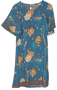 Jaase Size Small Boho Blue Floral Bird Print Tassel Flutter Sleeve Shift Dress - Picture 1 of 6