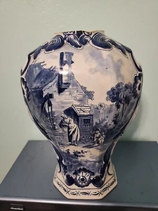 Vintage Blue And White 11" Height Vase. Woman At The Well. Markings On Bottom. - Picture 1 of 10