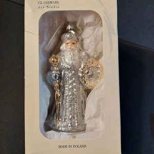 Vintage Glaswaren handgefertigt polnischer Weihnachtsmann Glas Ornament mit Stab & Kranz 7" - Bild 1 von 6
