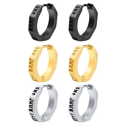 2pcs Norse Viking Runes Hoop Earrings Punk Amulet Protection Huggie for Men Boys - Image 1 of 4
