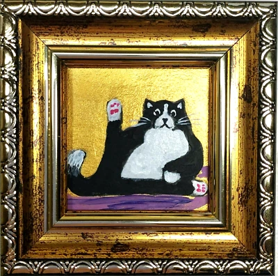 Black white cat Painting Сat portrait Framed original art tuxedo cat mini art - Image 1 of 4