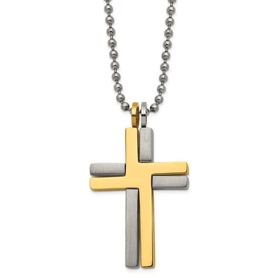 Titanium Brushed and Polished Yellow IP-plated Cross Necklace 22" 10.31gm Foto 1 de 3