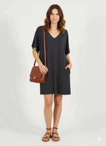 J. JILL WEAREVER COLLECTION V-Ausschnitt Kurzarm Etuikleid XL grau Taschen Boho - Bild 1 von 7