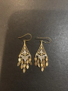 10k Yellow White Gold Diamonds Cut Dangle Earrings - Picture 1 of 8