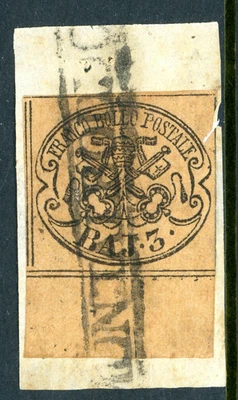 Italy 1852 Romans States 3 Baj Black on Brown Scott #4 VFU  O189 - Image 1 of 4