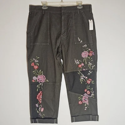 Pantalones Anthropologie Mujer 32 Verde Musgo Floral Bordado Boho Patchwork Lino Foto 1 de 4