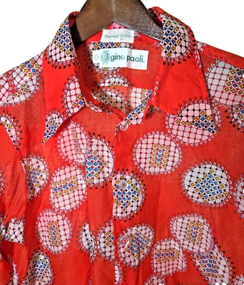 Vtg 70s Gino Paoli Disco Shirt Dagger Collar Sheer Nylon Long Sleeve Sz Large - Image 1 of 4