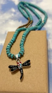 Navajo Sterling Silver Onyx DRAGONFLY Coral Eyes 925 Pendant Turquoise Necklace - Picture 1 of 4