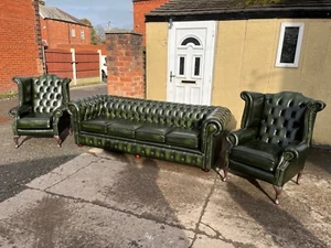 Antique green leather chesterfield suite 4 seater 2 Queen Anne chairs CAN DELIVE - Picture 1 of 12