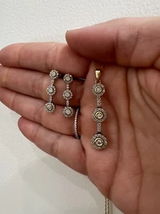 14kt Yellow Gold 3 Stone Halo natural diamond pendant & earring set 6 Grams - Picture 1 of 4