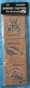 Sottobicchieri vintage in sughero arte aborigena australiana animali che bevono 3,5" numero 6 nuovi con scatola - Foto 1 di 9