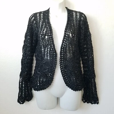 Debbie Morgan Womens M Open Front Cardigan Open Knit Crochet Metallic Black - Image 1 of 4