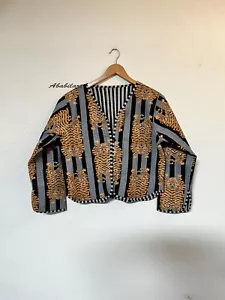 Indian Black Tiger Printed Cotton Quilted Jacket Vintage Reversible Jacket - Picture 1 of 10