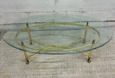 Vintage Mid Century Labarge Style Brass and Glass Oval Coffee Table - Image 1 of 4