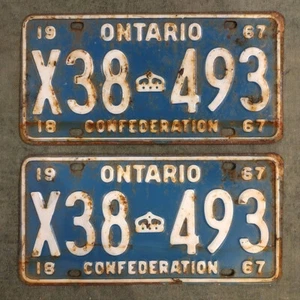COPPIA Targhe Veicoli Ontario Dual Purpose 1967 # X38-493 Targhe Canada - Foto 1 di 1