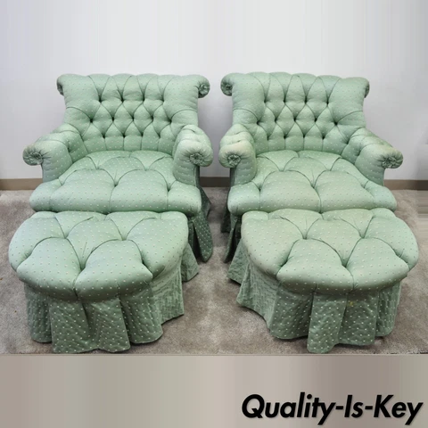 Marco Napoleon III Style Green Tufted Swivel Lounge Chairs and Ottomans - a Pair Cover