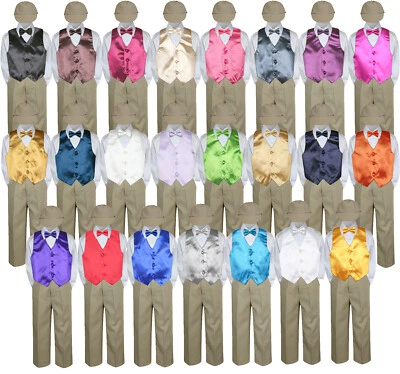 Calça e chapéu 5 peças menino bebê criança cor gravata borboleta terno formal cáqui P-7 - Imagem 1 de 2