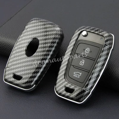 Carbon Fiber Flip Key Case Cover For Hyundai Tucson Venue Sonata Elantra SE i30 - Image 1 of 4