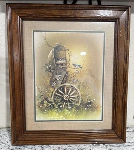 Quadro con cornice - Bluebirds/Mailbox/Ruota carro - Interno casa - Vintage - Foto 1 di 19