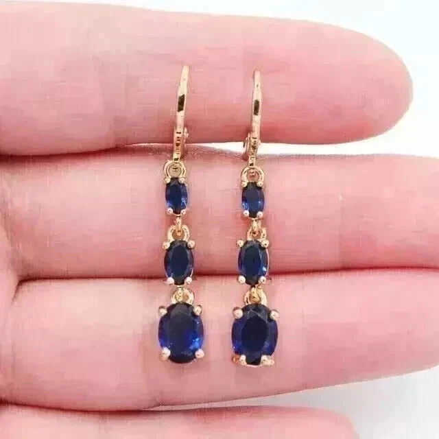 2.5Ct Lab Created Sapphire Drop Dangle Earrings Oval Cut  14K Yellow Gold Plated - Image 1 of 1