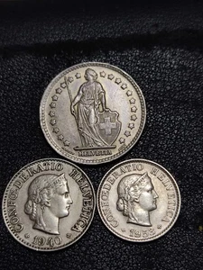 3 Switzerland Silver Coins: 1 Franc, 1947, 5 Franc 1953, 10 Franc 1940 - Picture 1 of 2