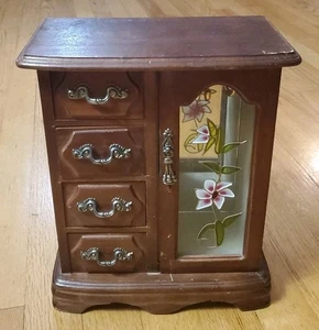 Vintage Schrank Holz Schmuckkästchen 4 Schubladen floral bemalt Glastür - Bild 1 von 16