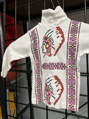 Vintage 1970s White Native American Geometric Multi Colored Turtleneck Size 4 - Image 1 of 4