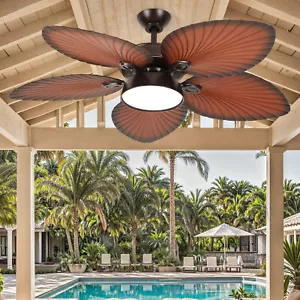 52" Tropical Brown Ceiling Fan 5 Palm Leaf Blades Remote Control Reversible - Picture 1 of 9