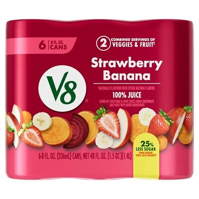 V8 Fresa Plátano 100% Jugo de Frutas y Verduras, 8 fl oz Lata Paquete de 6 Foto 1 de 4