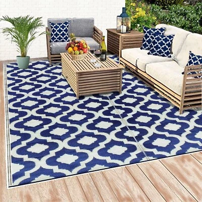 BalajeesUSA Outdoor Patio Rugs Reversible Waterproof Plastic Straw RVCamper Blue - Image 1 of 4