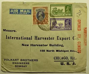 1939 India WWII Censored Airmail Cover Bombay to Intl. Harvester Export Chicago - Picture 1 of 2
