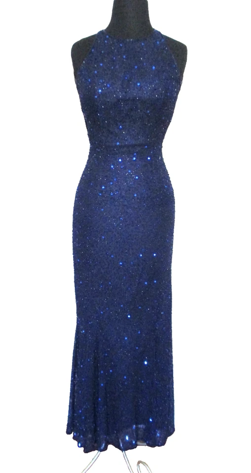 Maxi Vestido Vintage Scala XS Mujer Negro Seda Gasa Azul Cuentas y Lentejuelas Foto 1 de 4