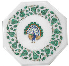 15" White Marble Table Top Handcrafted with Malachite Stone Peacock Inlay Arts